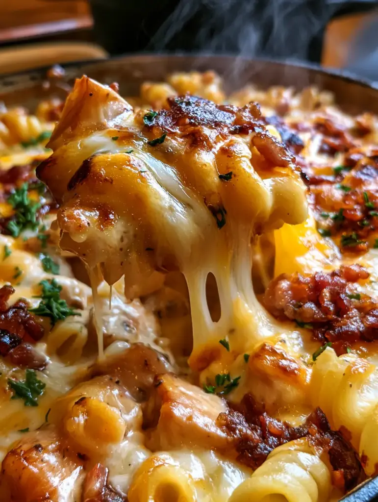 Chicken Bacon Casserole with Bubbling Cheese and Tubular Pasta 1 Natural kitchen lighting highlighting the steam rising from a freshly baked chicken bacon casserole.