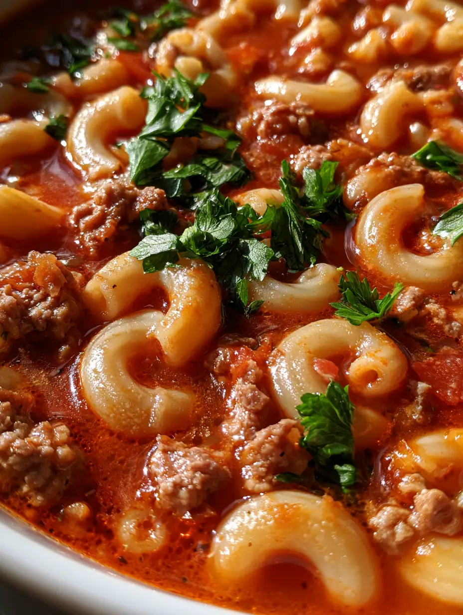 Beef Macaroni Soup: The Ultimate Hearty One-Pot Comfort Meal 3 Close-up of steaming beef macaroni soup featuring savory ground beef and rich tomato broth.