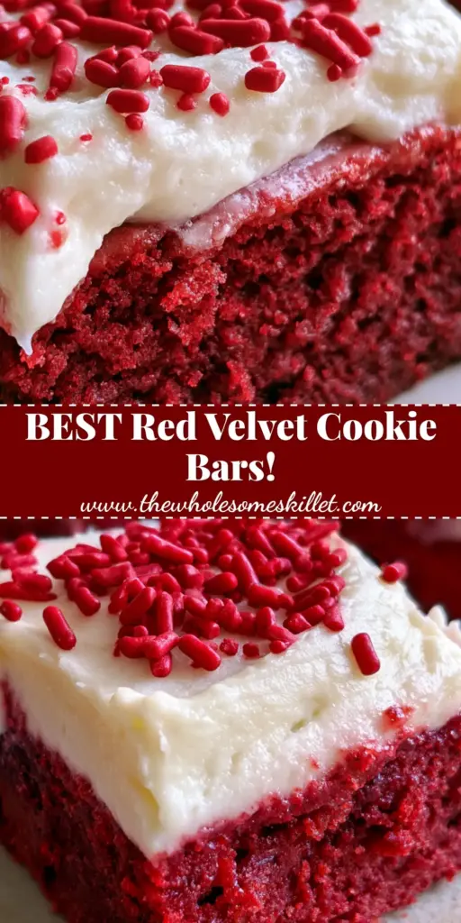 A stack of decadent red velvet cookie bars with thick white cream cheese frosting and bright red nonpareil sprinkles.