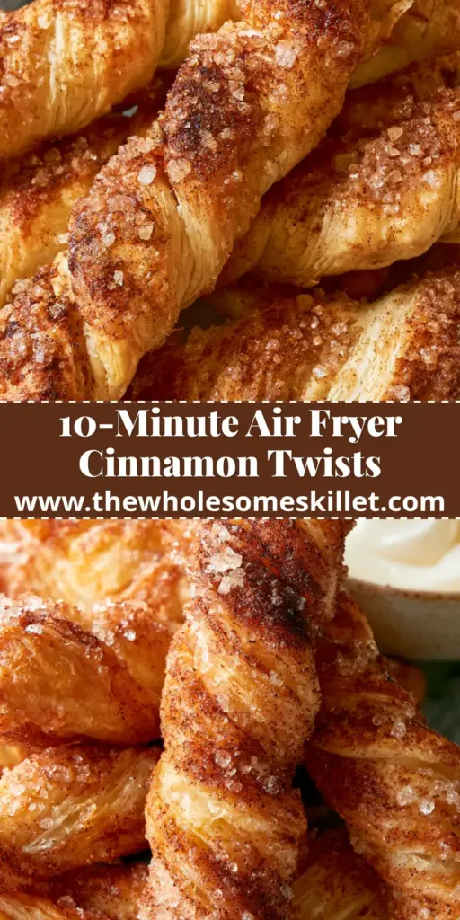 A close-up vertical shot of air fryer cinnamon sugar twists stacked on marble, highlighting the shimmering sugar crystals and flaky puff pastry layers.