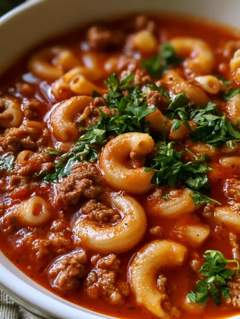 Beef Macaroni Soup: The Ultimate Hearty One-Pot Comfort Meal 1 Slightly overhead shot of a bowl of beef macaroni soup with vibrant green parsley sprigs.