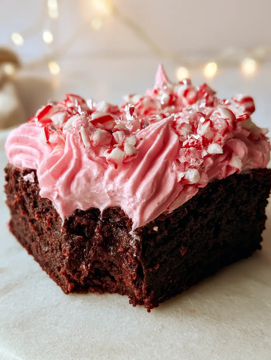 Ultra close-up of a peppermint brownie square showing the dense fudge crumb and pink frosting peaks.