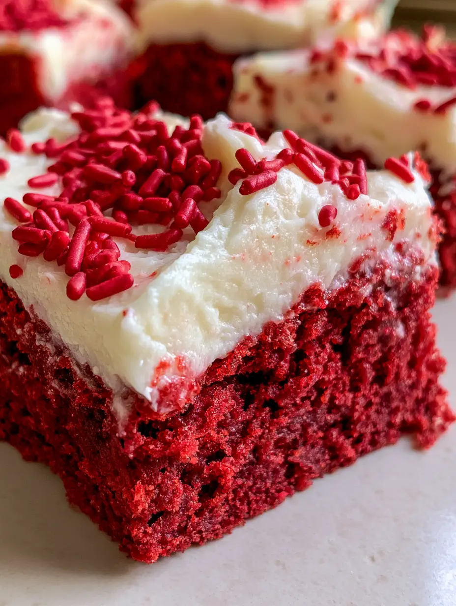 A close up photo of red velvet cookie bars showing the distinct deep red cookie layer and thick white frosting.