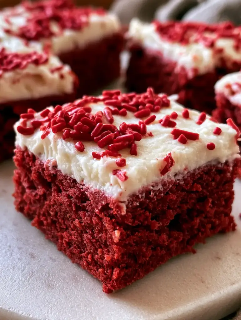 Overhead view of red velvet cookie bars with bright red sprinkles scattered on a generous layer of frosting.