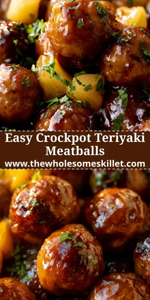 A top-down view of glistening crockpot teriyaki meatballs with pineapple chunks and cilantro in a rustic bowl.
