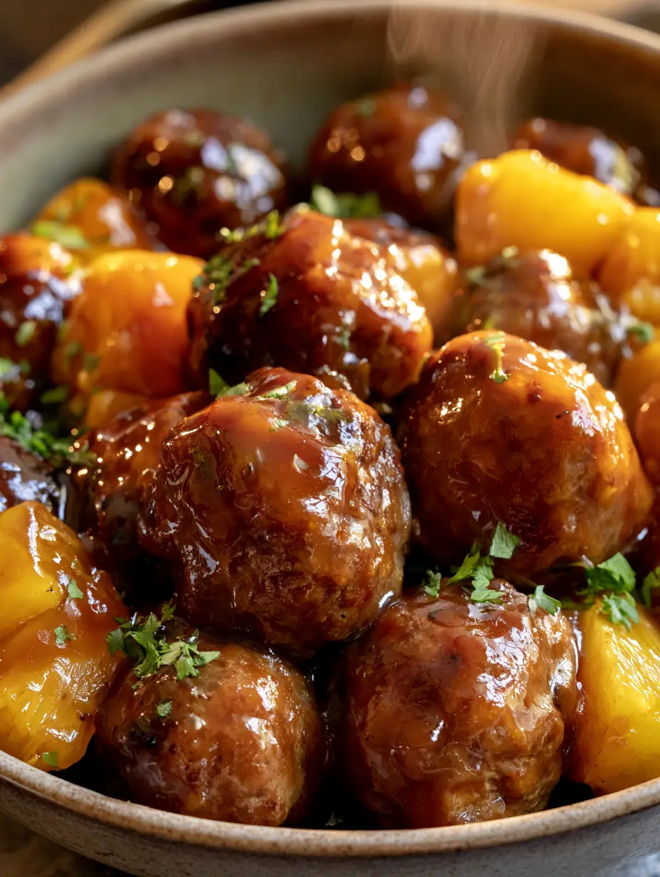 Close-up of juicy crockpot teriyaki meatballs reflecting golden hour light with a thick amber glaze.