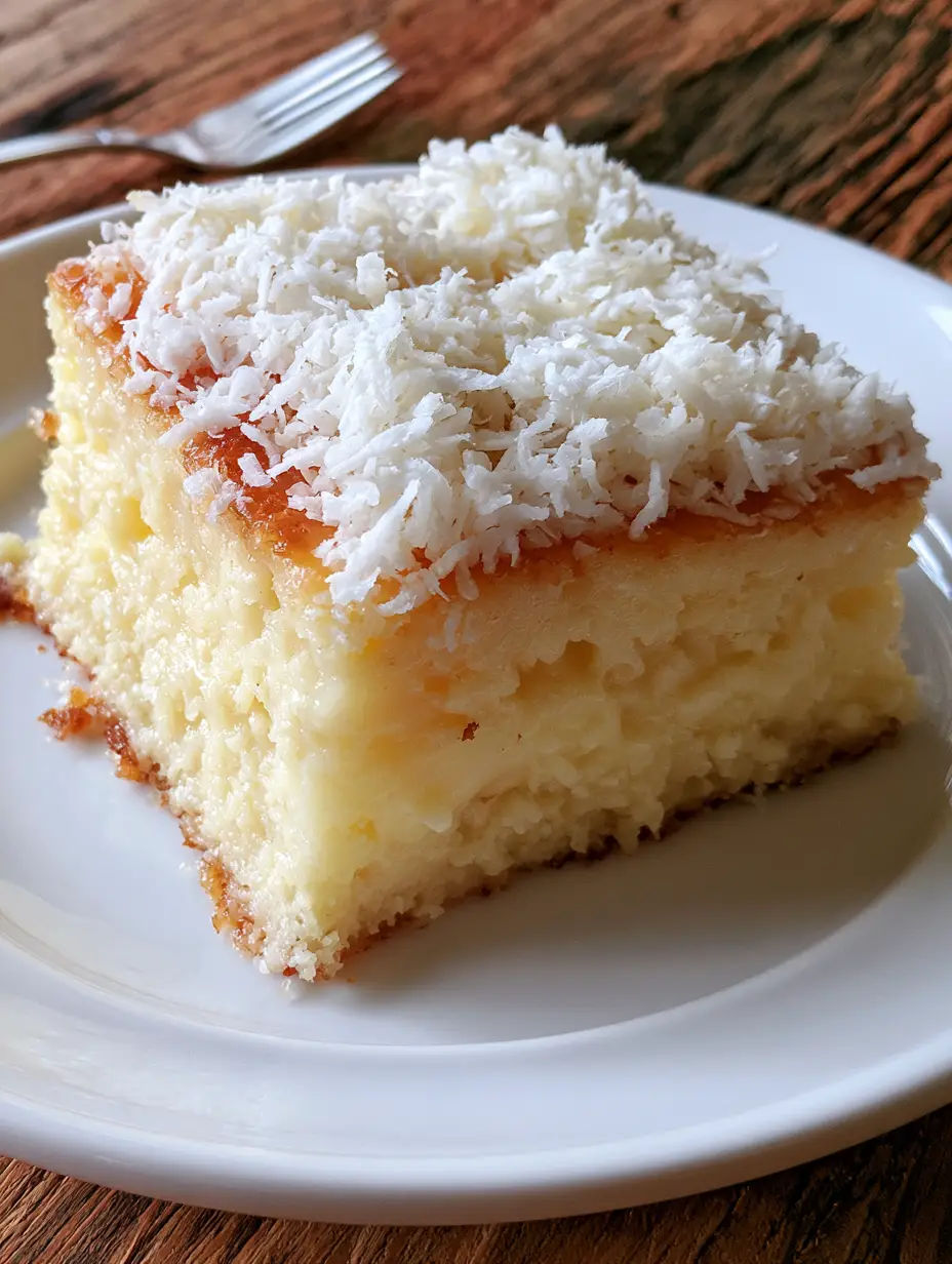 Close-up of Brazilian coconut cake showing the moist pudding-like texture and golden-brown edges in morning sunlight.