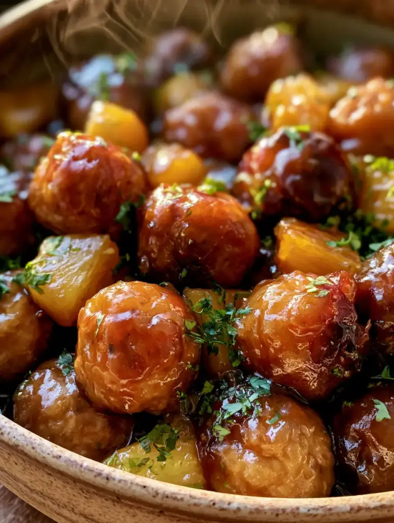 Top-down shot of slow cooked meatballs in a rustic ceramic bowl with steam rising and fresh pineapple.