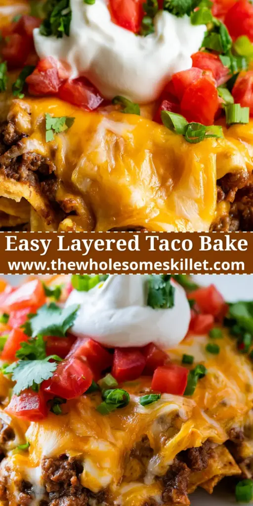 Layered Taco Bake: The Ultimate Cheesy Casserole Recipe 4 A close-up shot of a layered taco bake showing crispy chips, melted cheese, and fresh cilantro toppings.