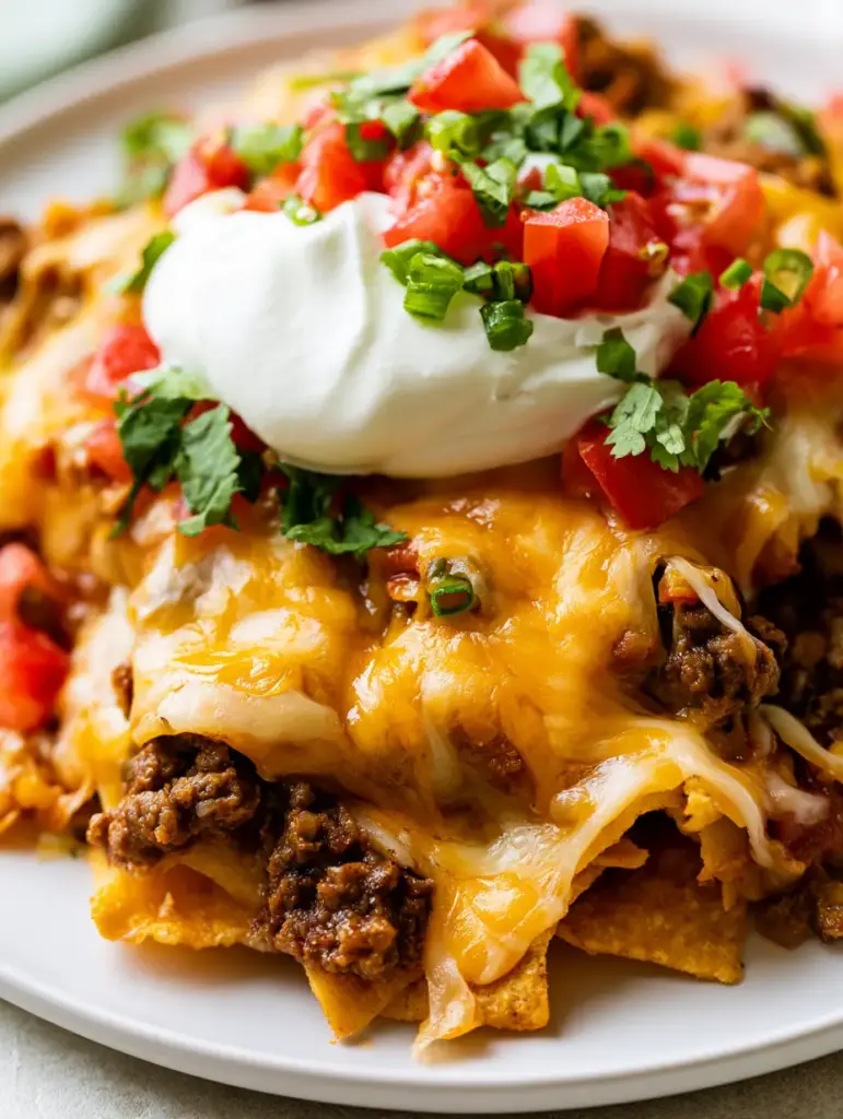 Layered Taco Bake: The Ultimate Cheesy Casserole Recipe 2 Vibrant and generously portioned layered taco bake on a white plate with visible layers of beef and cheese.