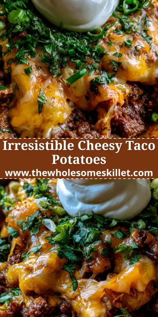 Cheesy Taco Potato Skillet: The Ultimate One-Pan Comfort Dinner 4 A top-down view of an overflowing rustic ceramic bowl containing a cheesy taco potato skillet with crispy potatoes, seasoned beef, bubbly cheese, and a dollop of sour cream.