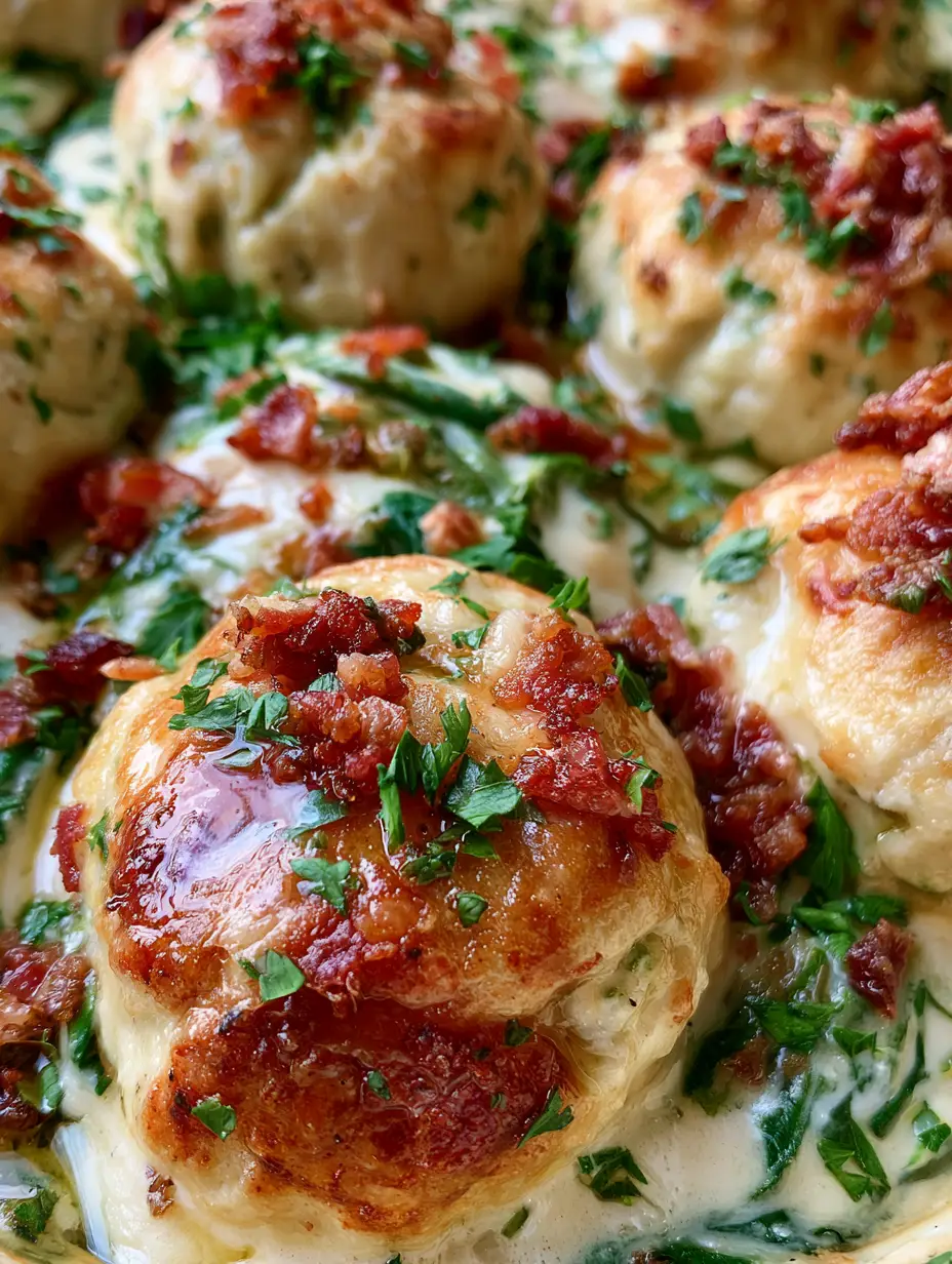Ricotta Chicken Meatballs in Creamy Parmesan Spinach Sauce 3 Close-up of golden brown ricotta chicken meatballs with shimmering sauce, spinach, and parsley. (ricotta chicken meatballs)