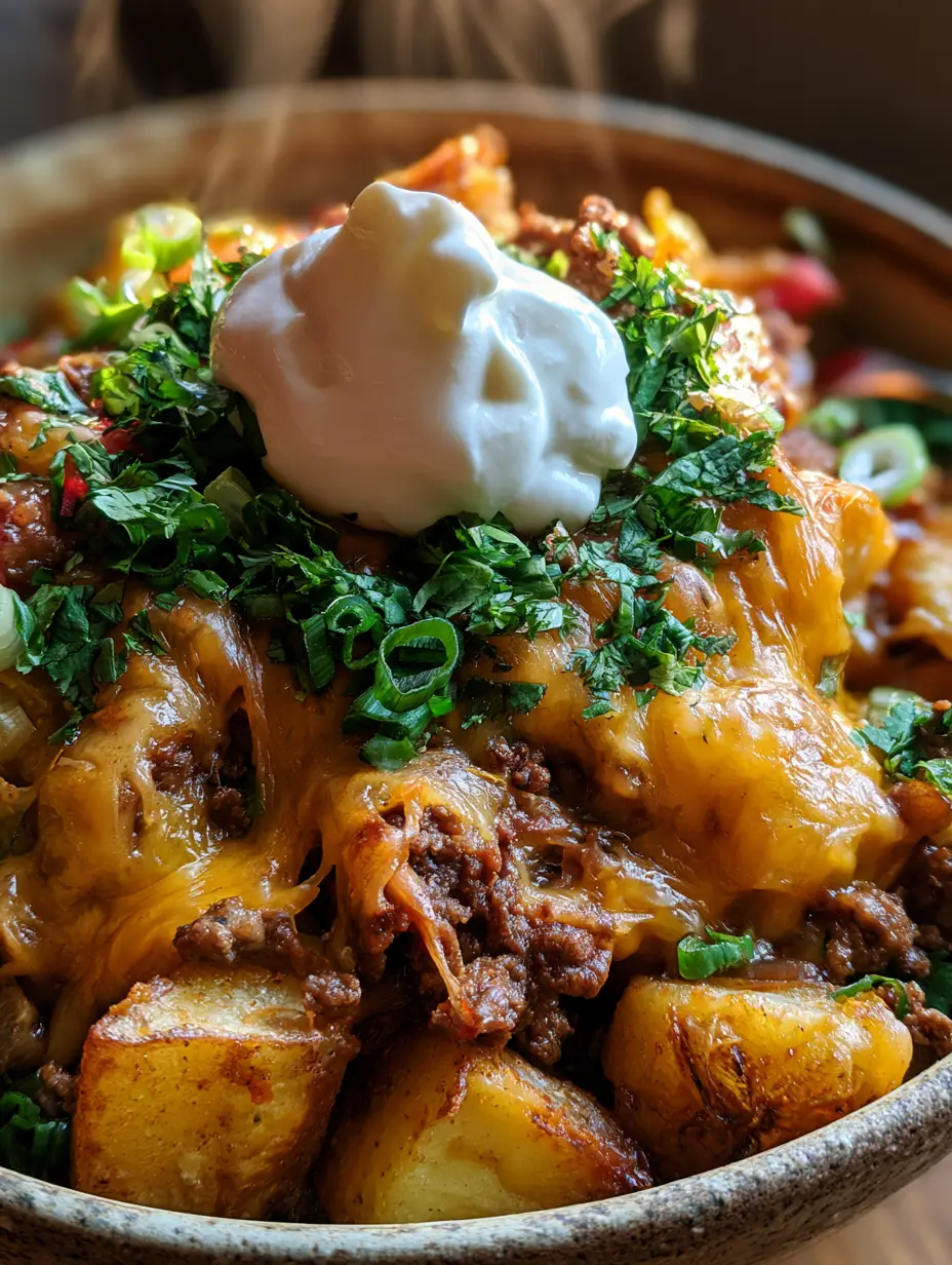 Cheesy Taco Potato Skillet: The Ultimate One-Pan Comfort Dinner 3 Close-up of a cheesy taco potato skillet highlighting the stretchy cheese pulls and vibrant cilantro garnish.