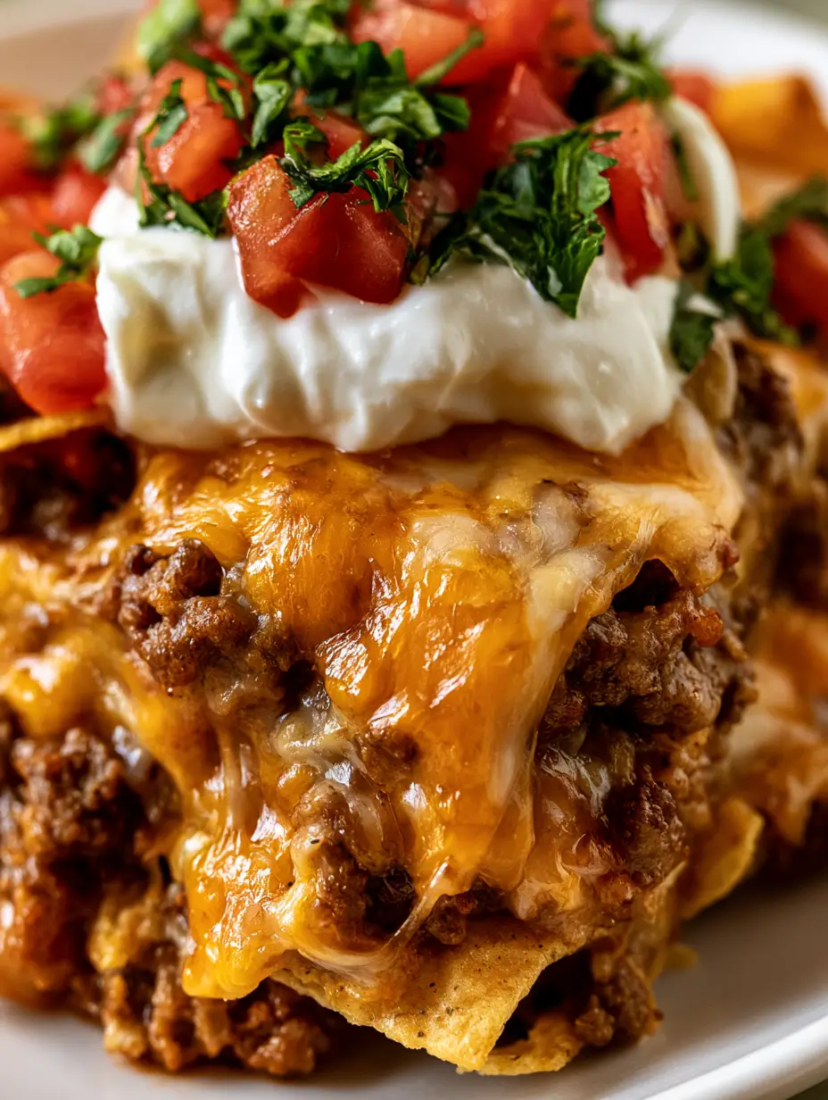 Layered Taco Bake: The Ultimate Cheesy Crunch Casserole 3 Extreme close-up of a layered taco bake serving showing gooey melted cheese and crisp corn chips. (layered taco bake)