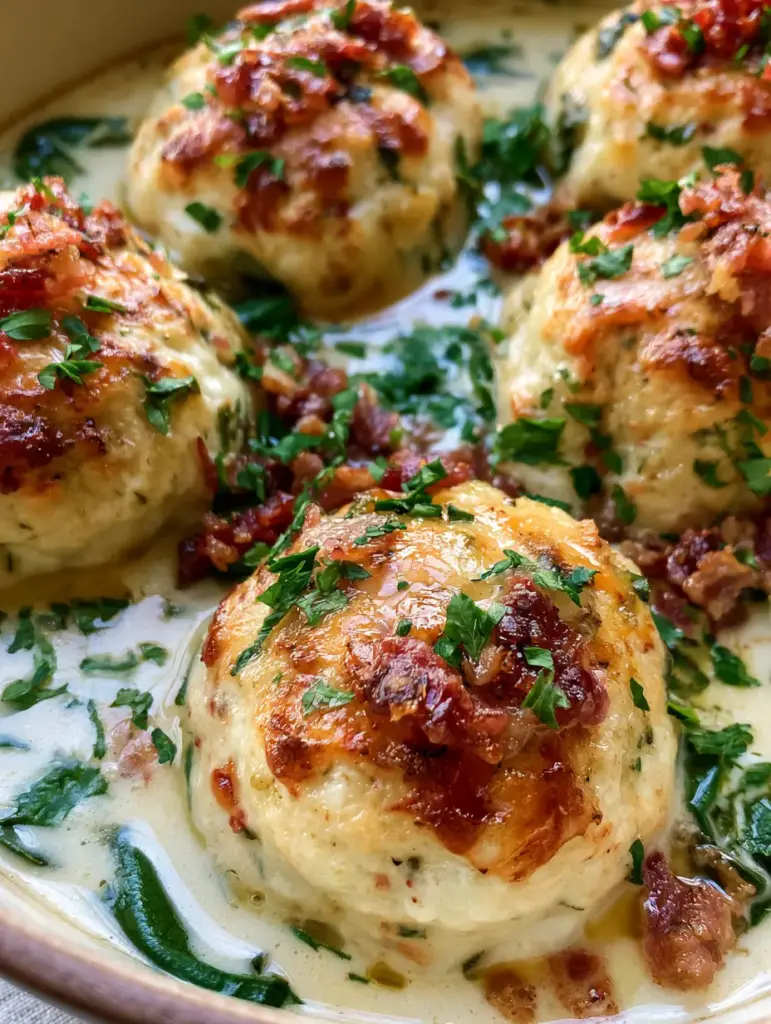 Ricotta Chicken Meatballs in Creamy Parmesan Spinach Sauce 1 A tightly framed shot of baked chicken ricotta meatballs showing the texture of bacon bits and fresh herbs.