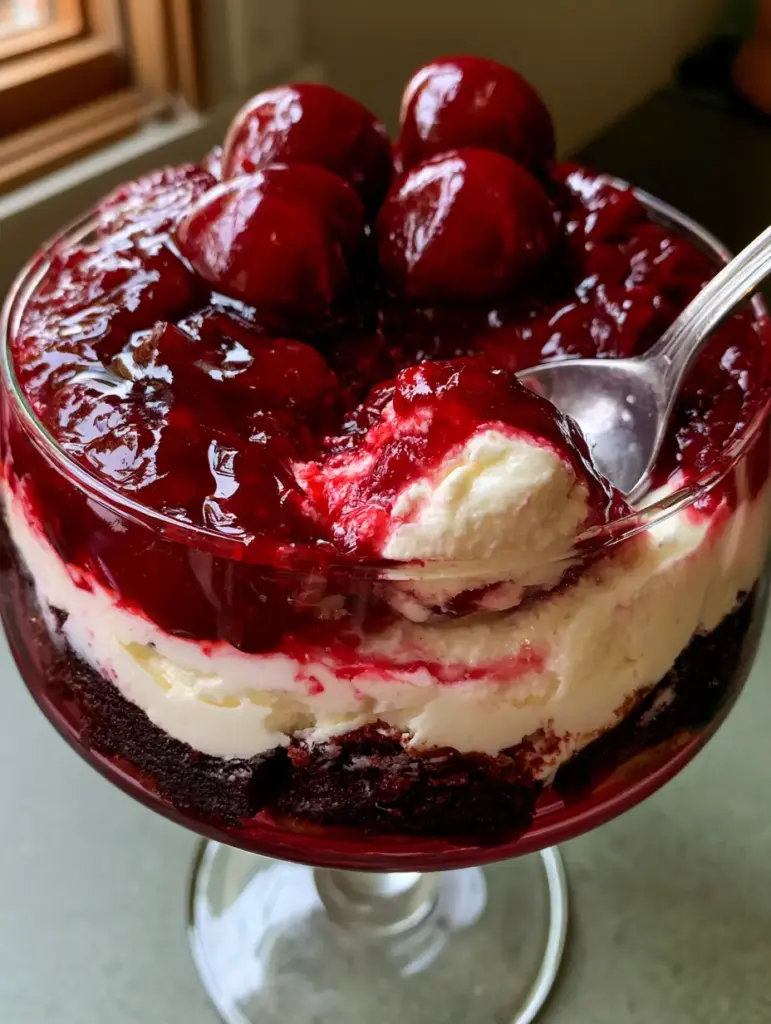 Cherry Amaretto Tiramisu: A Boozy, Layered Italian Masterpiece 1 A silver spoon lifting a bite of cherry amaretto tiramisu from a glass, showing the glistening cherry compote and whole fruit.