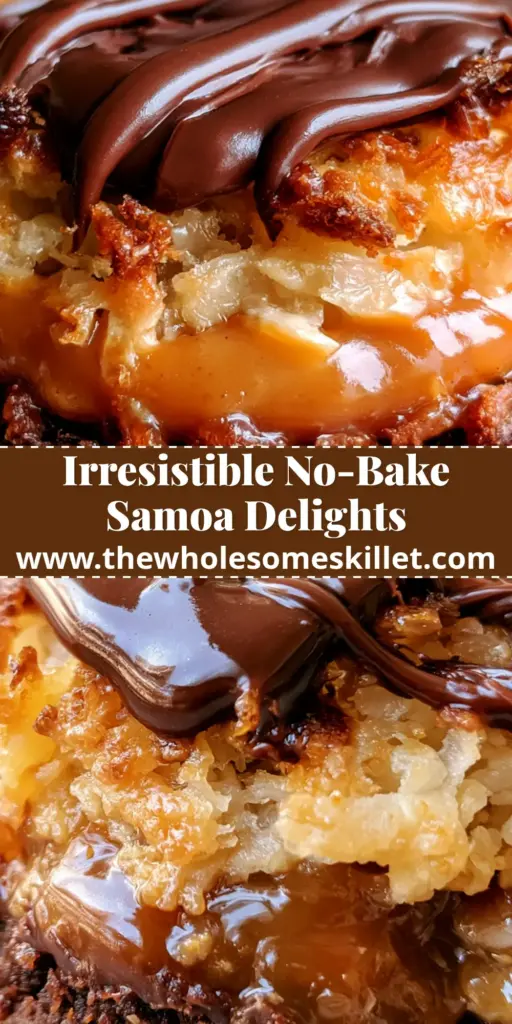 Samoa Delights: The Ultimate No-Bake Caramel Coconut Cookies 4 A stack of no-bake samoa delights showing thick caramel layers and toasted coconut topping.