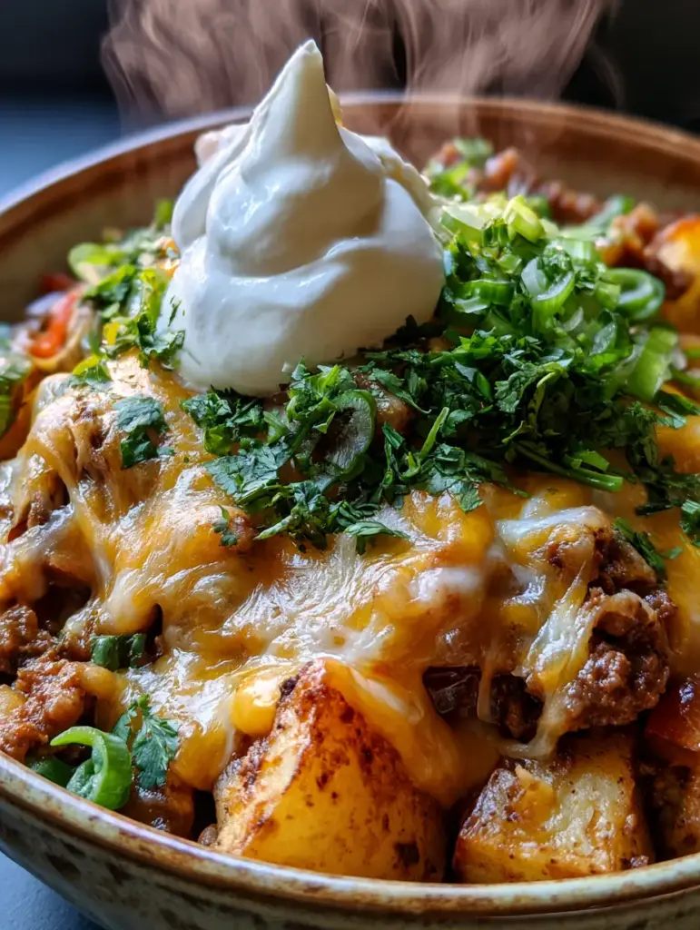 Cheesy Taco Potato Skillet: The Ultimate One-Pan Comfort Dinner 1 High-angle photo of a cheesy taco potato skillet showing the layer of crispy golden potatoes beneath seasoned beef.