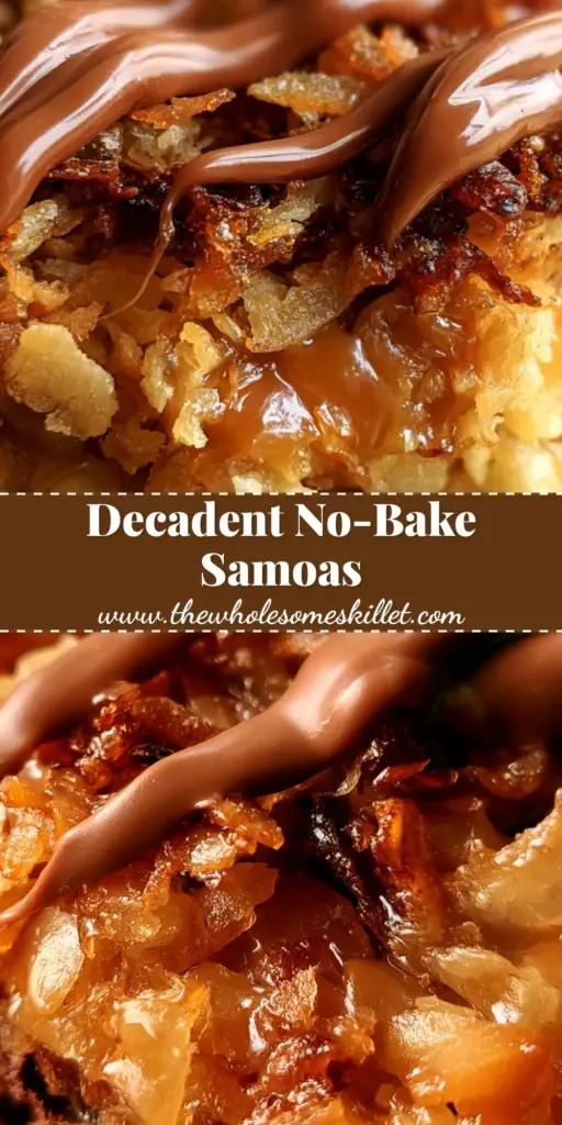 Samoa Delights: The Ultimate No-Bake Toasted Coconut and Caramel Treat 4 A stack of decadent samoa delights showing the dark chocolate base and toasted coconut caramel layers topped with a milk chocolate drizzle.