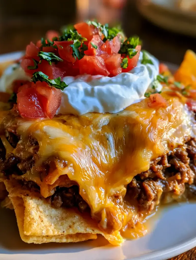 Layered Taco Bake: The Ultimate Cheesy Crunch Casserole 1 A close-up shot of a walking taco casserole highlighting the vibrant red tomatoes and green cilantro garnish on top of melted cheese. (layered taco bake)