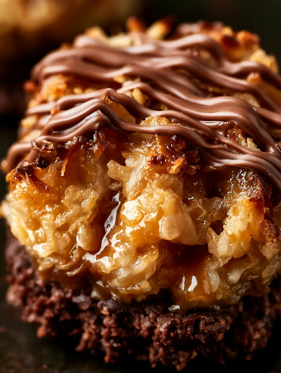 Samoa Delights: The Ultimate No-Bake Toasted Coconut and Caramel Treat 3 A macro shot of samoa delights highlighting the glossy milk chocolate drizzle and shimmering caramel coconut middle.