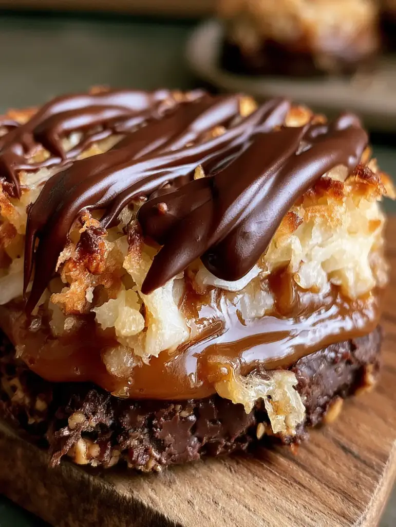 Samoa Delights: The Ultimate No-Bake Caramel Coconut Cookies 1 Side view of samoa delights on a rustic board with focus on the dark chocolate base.