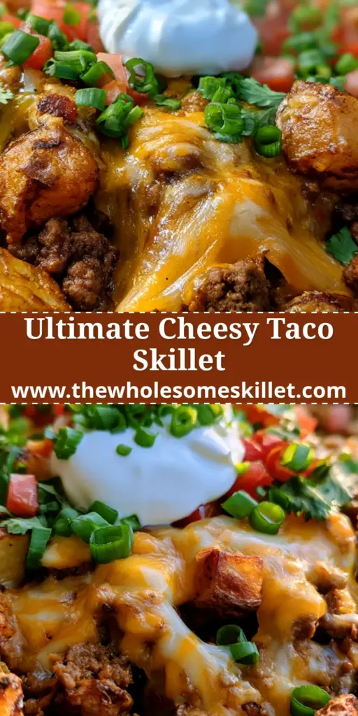 A sizzling rustic cast iron skillet filled with golden-brown roasted potatoes, seasoned ground beef, and a thick layer of melted cheese topped with sour cream and fresh cilantro. (taco potato skillet)