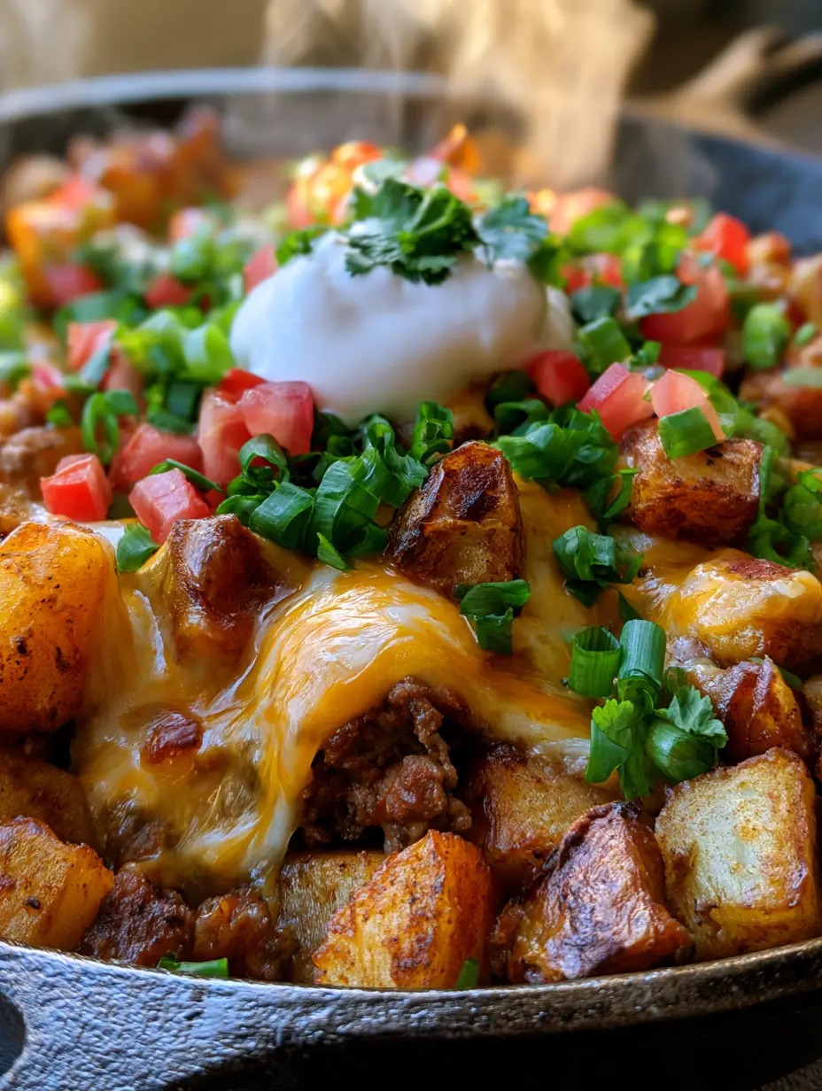 Close-up shot of crispy roasted potato cubes layered with seasoned beef and melted Monterey Jack cheese. (taco potato skillet)