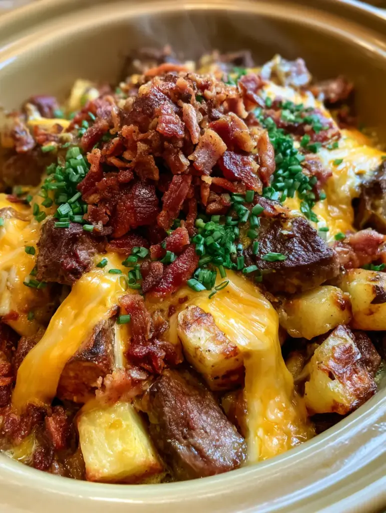 Close up view of melted sharp cheddar cheese ribbons over roasted potato cubes and steak bites. (steak and cheese potatoes)