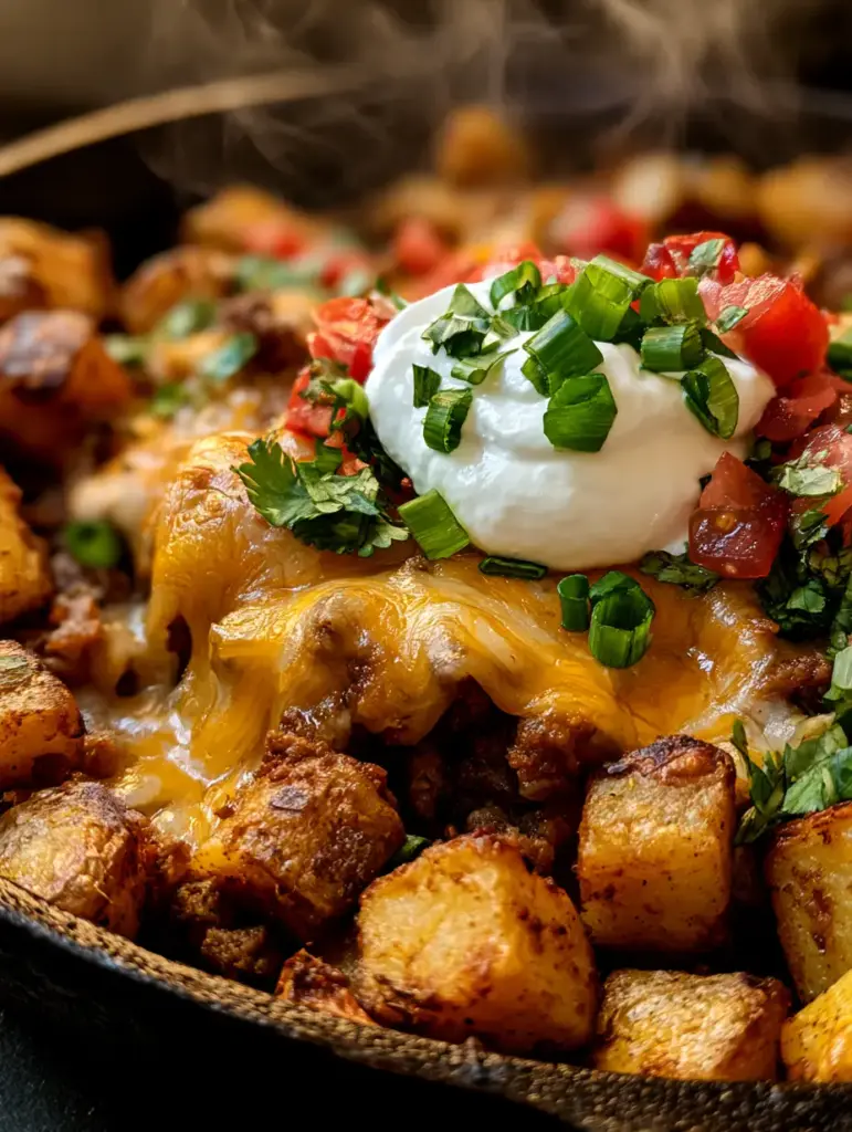 Overhead view of a taco potato skillet showing steam rising, fresh diced tomatoes, and green onions.