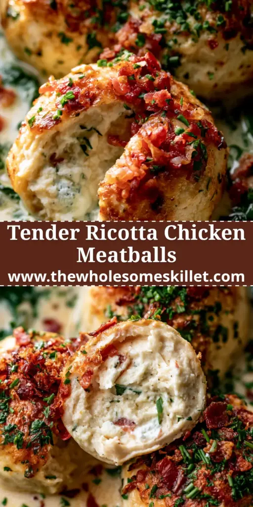 A rustic bowl featuring three golden-brown baked ricotta chicken meatballs smothered in a creamy white sauce with spinach, bacon, and herbs.