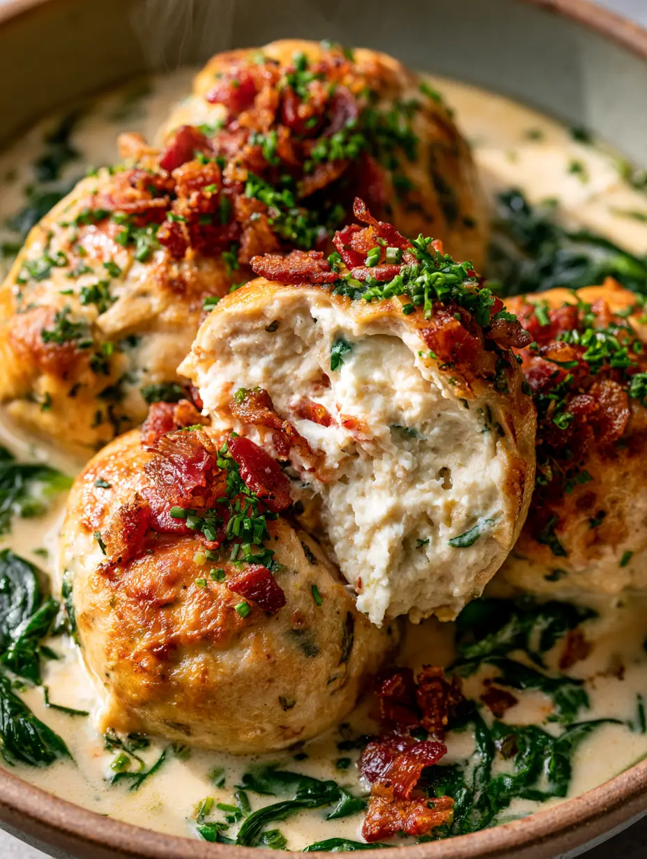 Overhead close-up of baked ricotta chicken meatballs with visible ricotta specks and crispy bacon toppings.