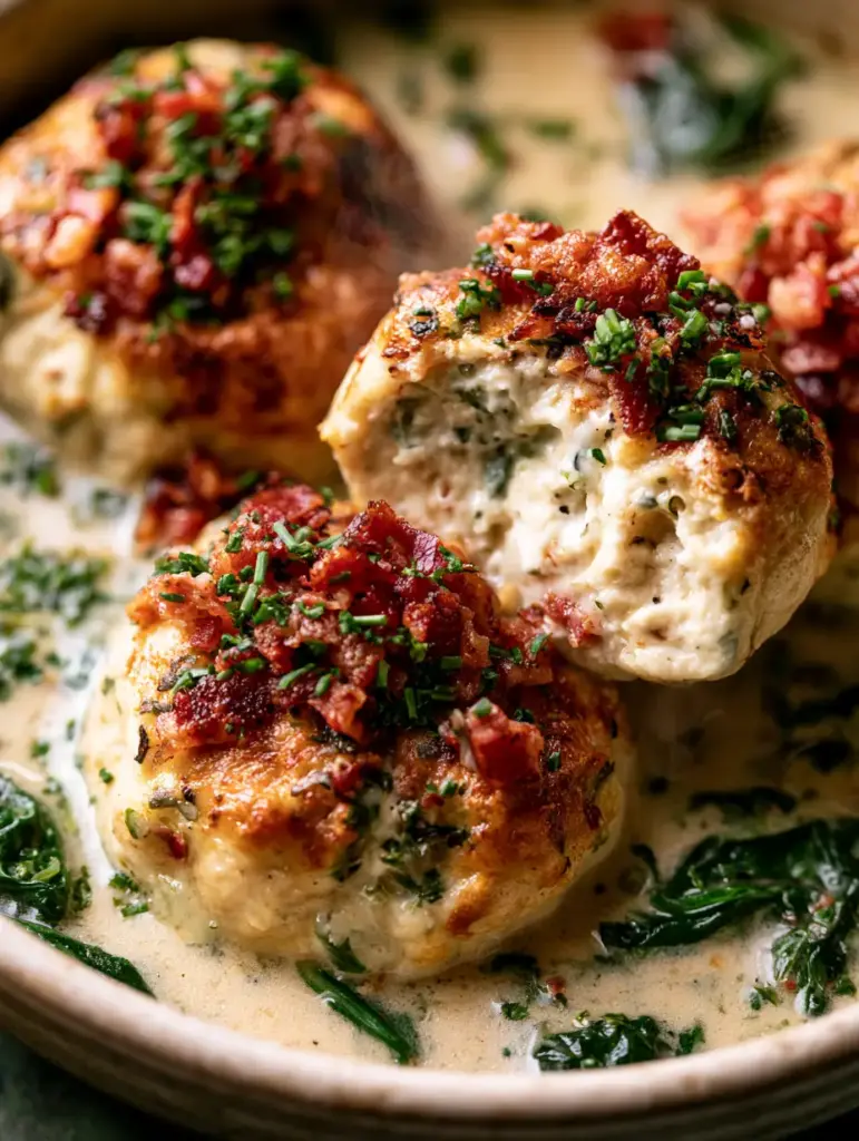 A meatball sliced open showing the tender white interior with ricotta cheese specks next to vibrant wilted spinach.