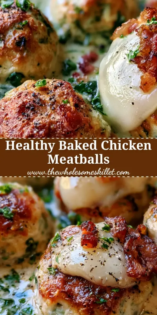 Baked Chicken Ricotta Meatballs with Creamy Parmesan Spinach Sauce 4 A top-down view of golden-brown baked chicken ricotta meatballs topped with crispy pancetta lardons and melted mozzarella cheese pull in a creamy spinach sauce.