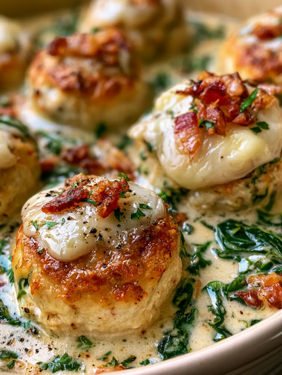 Baked Chicken Ricotta Meatballs with Creamy Parmesan Spinach Sauce 3 Close-up of baked chicken ricotta meatballs with crispy edges submerged in a velvety parmesan cream sauce with vibrant spinach.