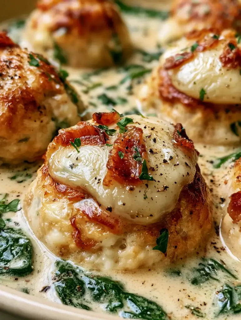 Baked Chicken Ricotta Meatballs with Creamy Parmesan Spinach Sauce 1 A dynamic angle showing the mozzarella cheese pull over baked chicken ricotta meatballs with fresh parsley and black pepper.