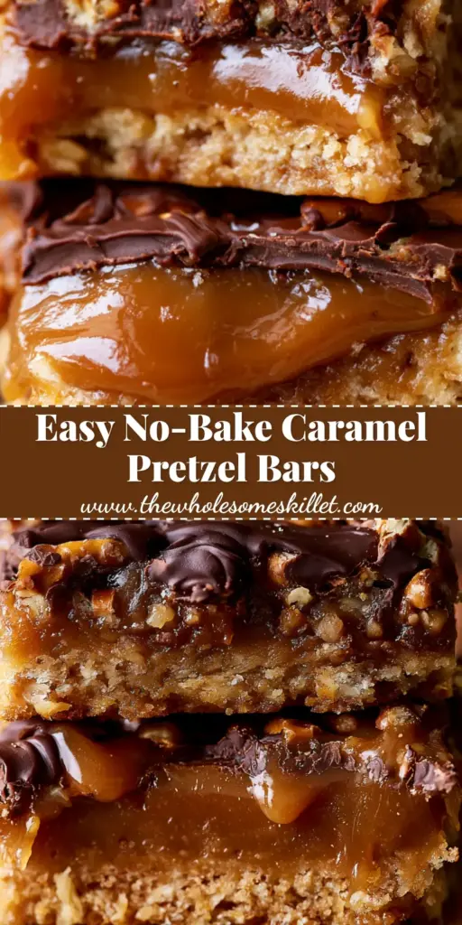 Salted Caramel Pretzel Bars: The Ultimate No-Bake Sweet and Salty Dessert 4 A towering stack of salted caramel pretzel bars featuring a crunchy base, gooey amber caramel, and dark chocolate drizzle with sea salt.