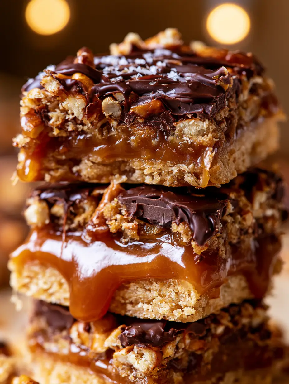 Salted Caramel Pretzel Bars: The Ultimate No-Bake Sweet and Salty Dessert 3 Close up of three no-bake salted caramel pretzel bars showing the golden crust, thick caramel ooze, and chocolate drizzle with sharp edges.