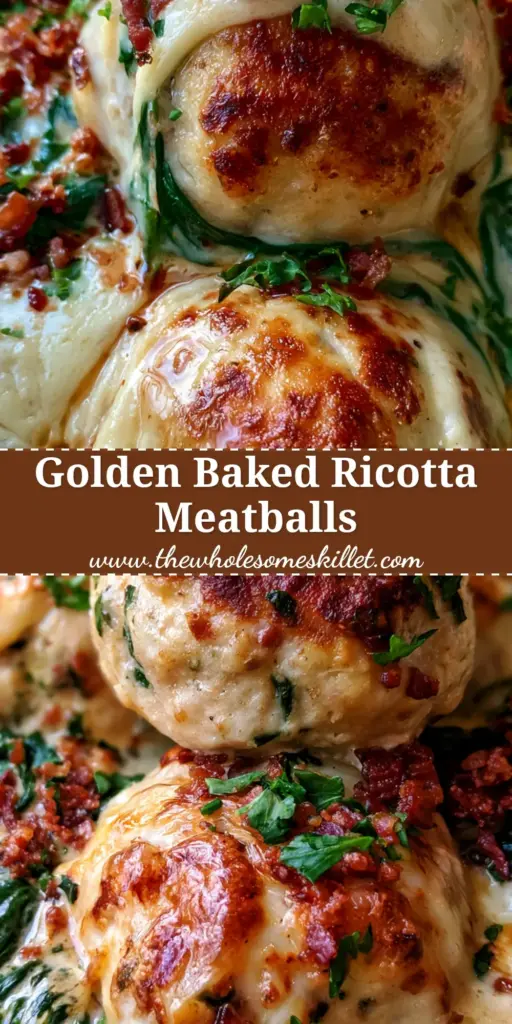 Baked Chicken Ricotta Meatballs in a Creamy Parmesan Spinach Sauce 4 A stack of three golden-brown baked chicken ricotta meatballs in a rustic bowl with creamy sauce, spinach, and bacon bits.