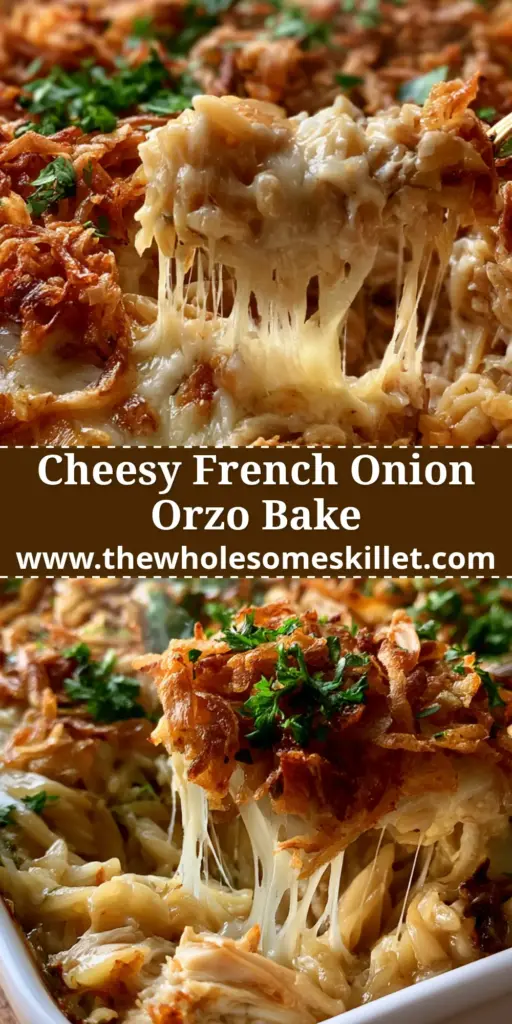 A close-up shot of French onion chicken orzo bake being scooped with a large cheese pull and crispy onion topping.