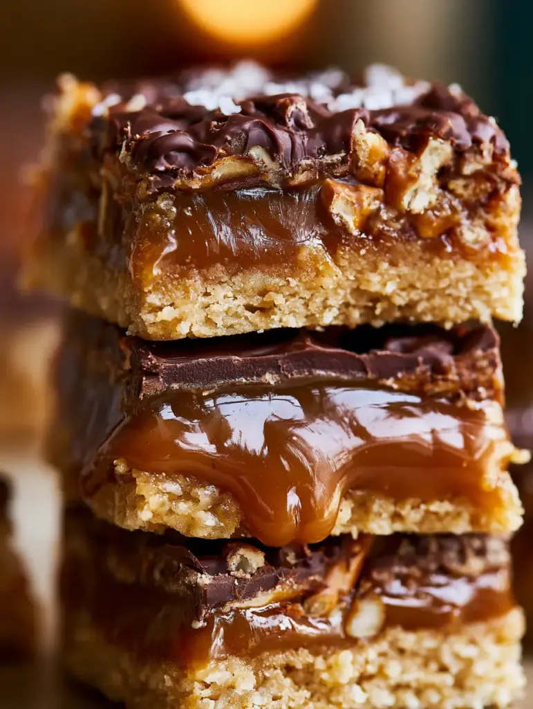Salted Caramel Pretzel Bars: The Ultimate No-Bake Sweet and Salty Dessert 1 Hyper-realistic shot of salted caramel pretzel bars under warm lighting, highlighting the glistening chocolate and flaky sea salt.