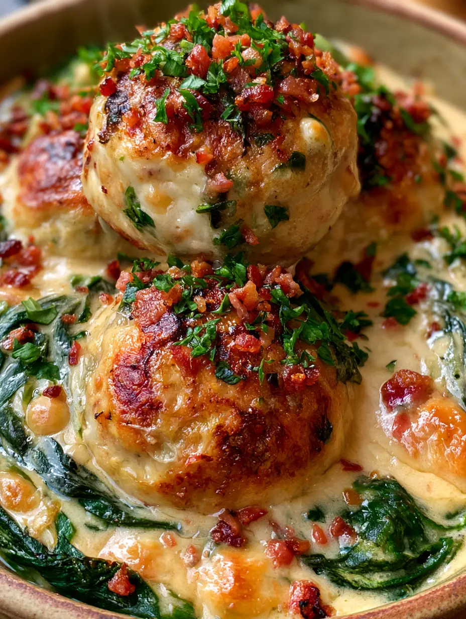 Baked Chicken Ricotta Meatballs in a Creamy Parmesan Spinach Sauce 3 Close-up of baked chicken ricotta meatballs showing a crispy crust and creamy parmesan sauce with cheese pulls.