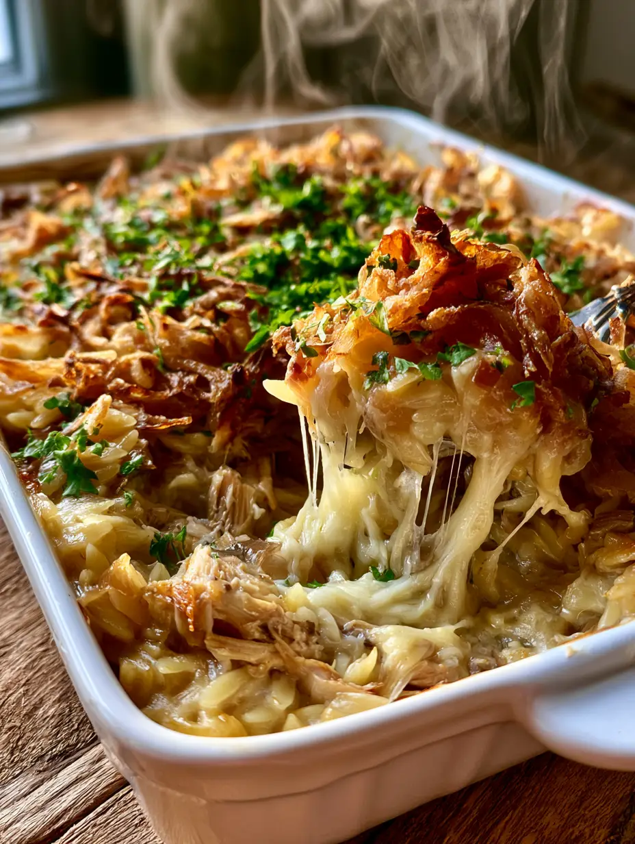 Steam rising from a freshly baked french onion chicken orzo bake in a white ceramic dish.