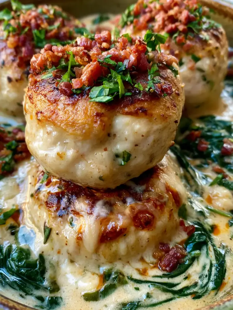 Baked Chicken Ricotta Meatballs in a Creamy Parmesan Spinach Sauce 1 Rustic bowl filled with chicken ricotta meatballs, wilted spinach, and vibrant green parsley garnish.