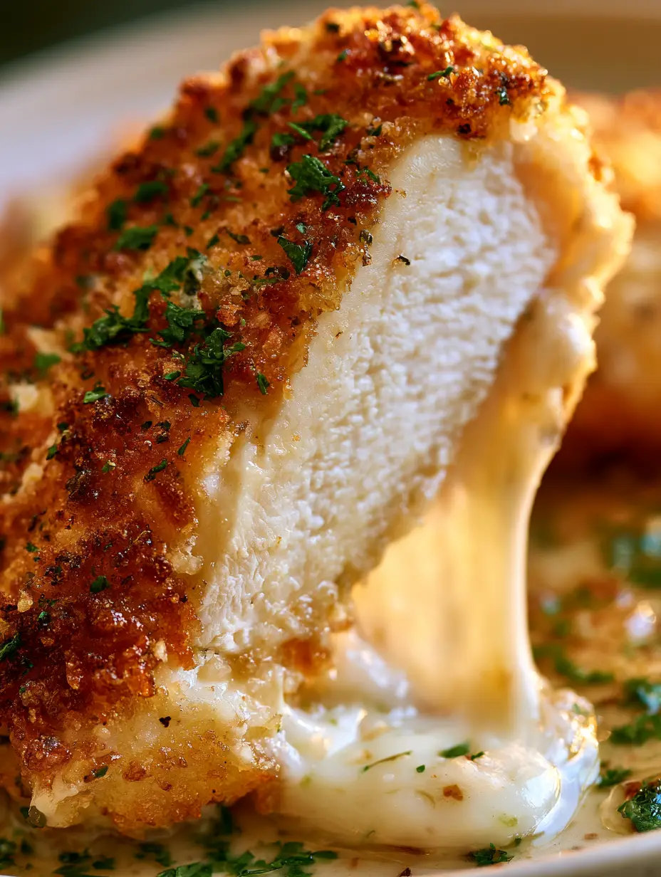 Extreme close-up of sliced parmesan crusted chicken showing a luscious, stringy mozzarella cheese pull and juicy white meat.