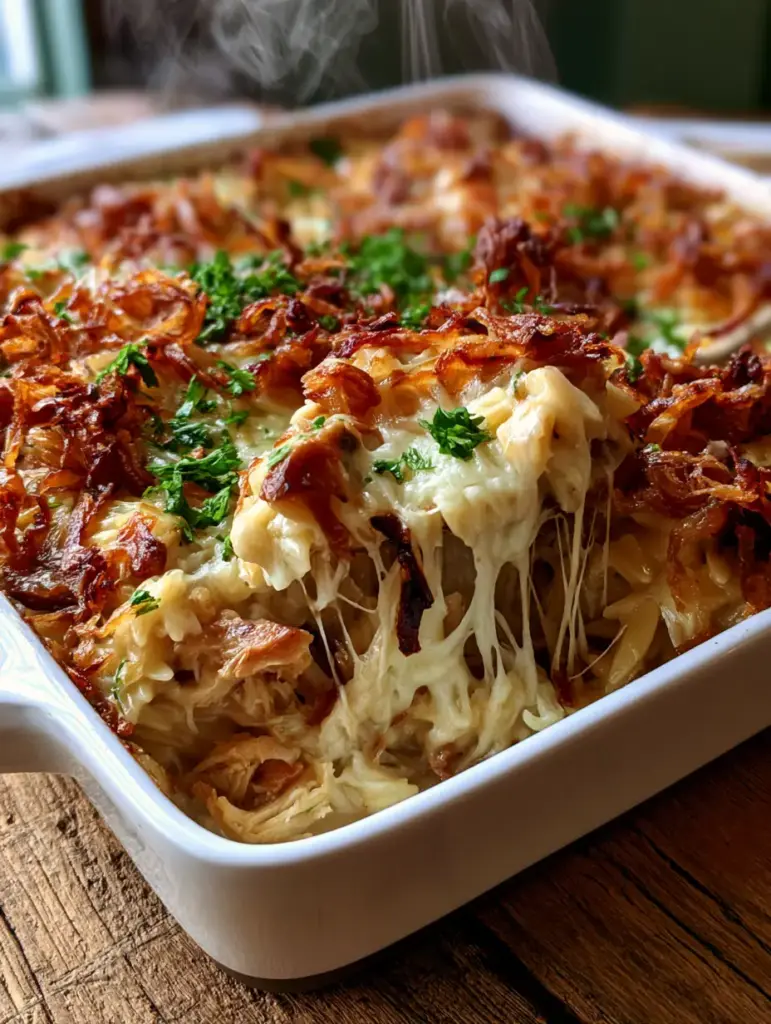 Detailed view of crispy fried onions and fresh parsley on top of a french onion chicken orzo bake.