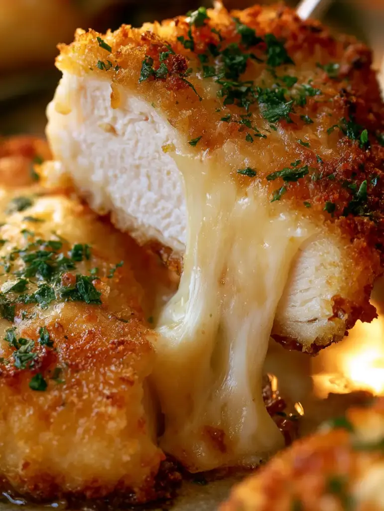 Detailed shot of a crispy golden breadcrumb crust speckled with fresh green parsley on top of tender chicken.
