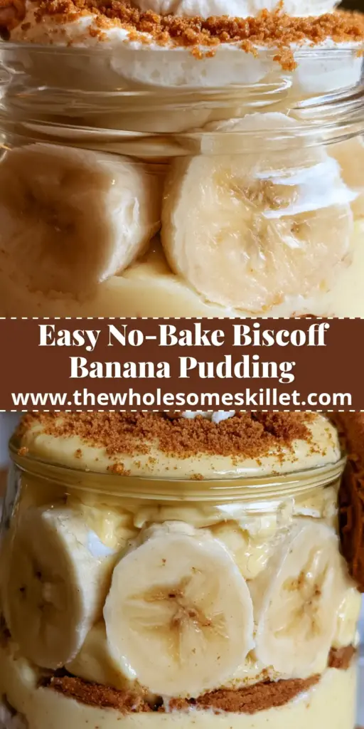 Biscoff Banana Pudding: The Ultimate Layered Speculoos Dessert 4 A tall glass jar filled with layers of biscoff banana pudding, crushed cookies at the bottom, pale yellow custard, and fresh bananas against the glass.
