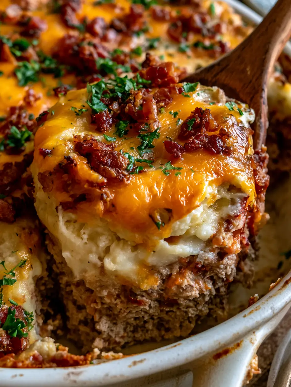 A rustic white dish holding a layered comfort meatloaf casserole with steam rising. (comfort meatloaf)