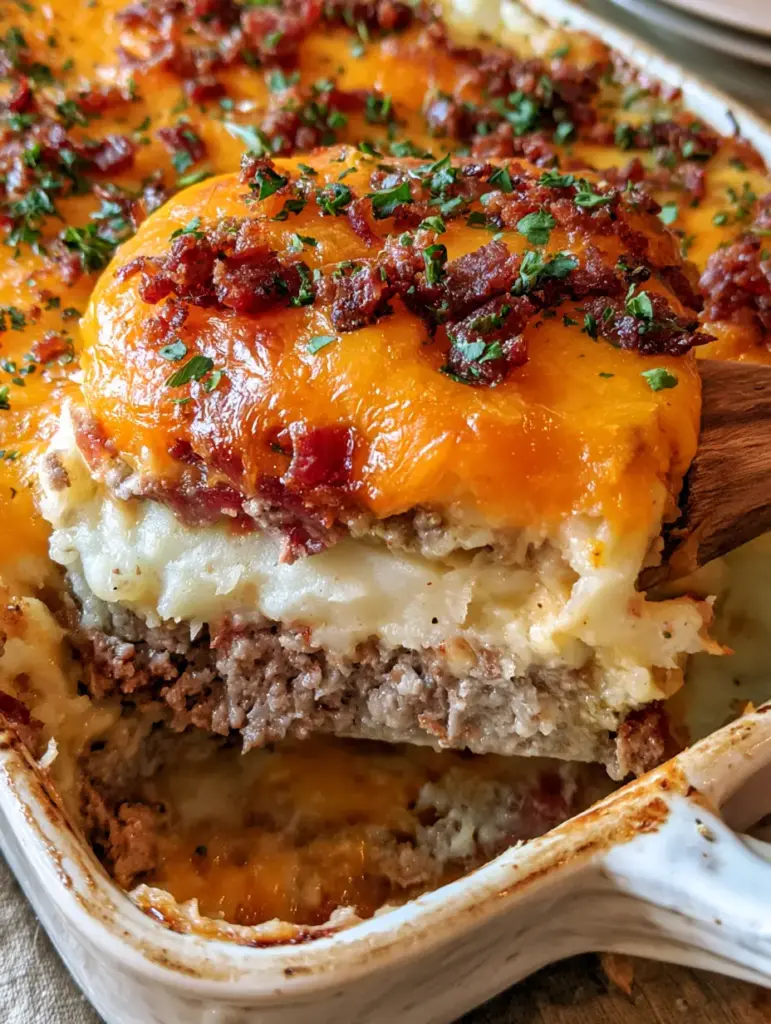 A clean slice of comfort meatloaf being lifted with a wooden spoon showing distinct layers.